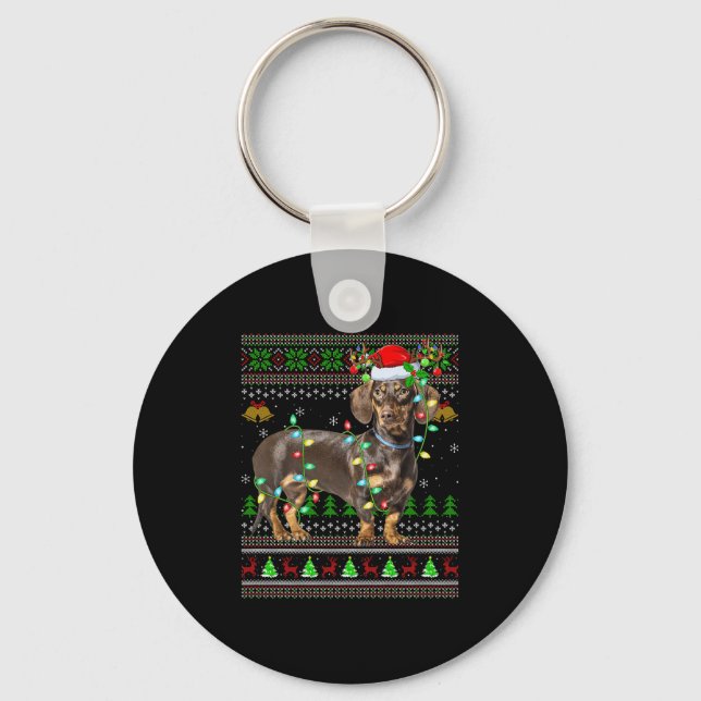Dachshund Dog Ugly Christmas Sweaters Holiday Sant Nyckelring (Framsida)
