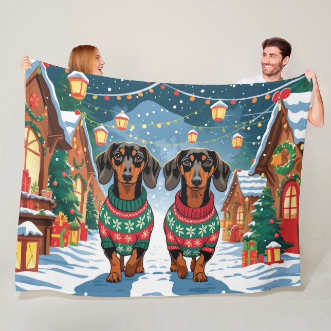 Dachshund Dogs Christmas Snow Holiday Fleecefilt (På plats)