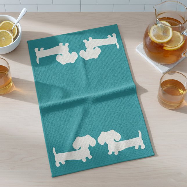 Dachshund Doxie Kitchen Dish Towel Teal Kökshandduk (Teal dachshund blue dish towel - great hostess gift)
