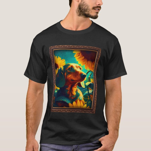 Dachshund Doxie Weenie Painting Solrosblomma M T Shirt (Framsida)