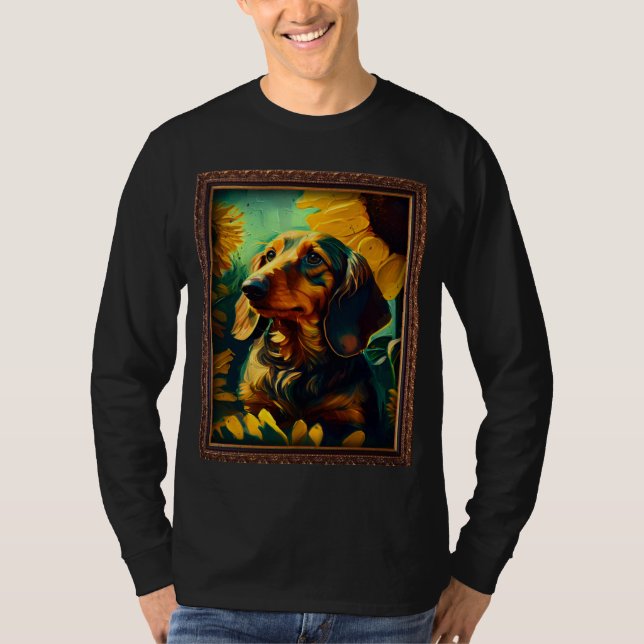 Dachshund Doxie Weenie Painting Sunflower Flower M T Shirt (Framsida)