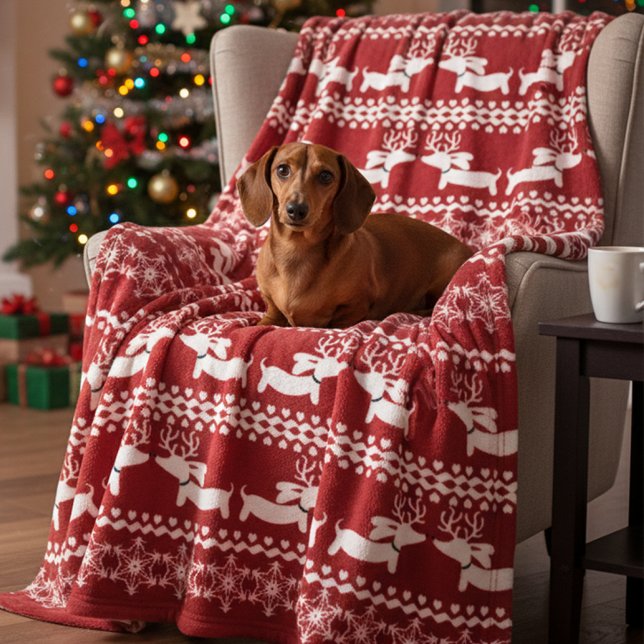 Dachshund Fair Isle Ugly jul Sweater Blanket Fleecefilt (Dachshund Scandi-core Christmas blanket)