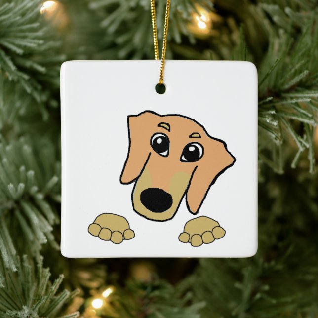 dachshund fawn och tan peeking tecknad julgransprydnad keramik (Träd)