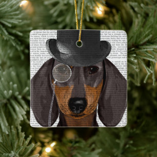 Dachshund, formell hund och hatt julgransprydnad keramik