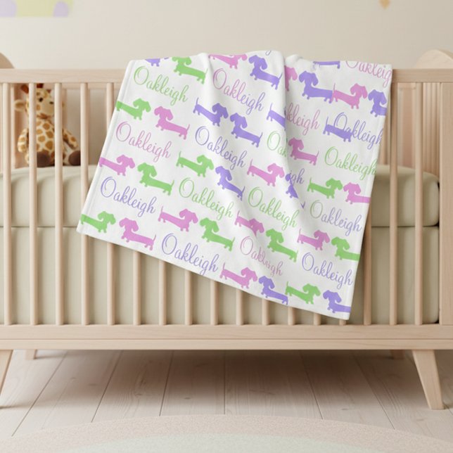 Dachshund Gender Neutral Nursery Blanket Fleecefilt (Personalized dachshund baby blanket - pinks, purples, and greens)