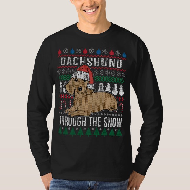 Dachshund genom den Snö fuktiga julsötaren T Shirt (Framsida)