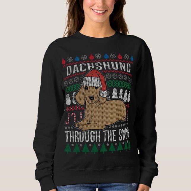 Dachshund genom den Snö fuktiga julsötaren T-shirt (Framsida)