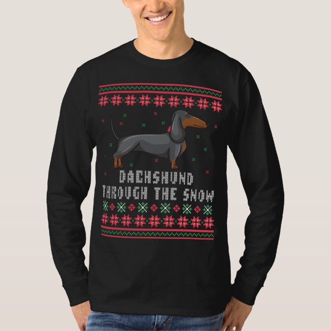 Dachshund genom den Snö fuktiga julsötaren Tee Shirt (Framsida)