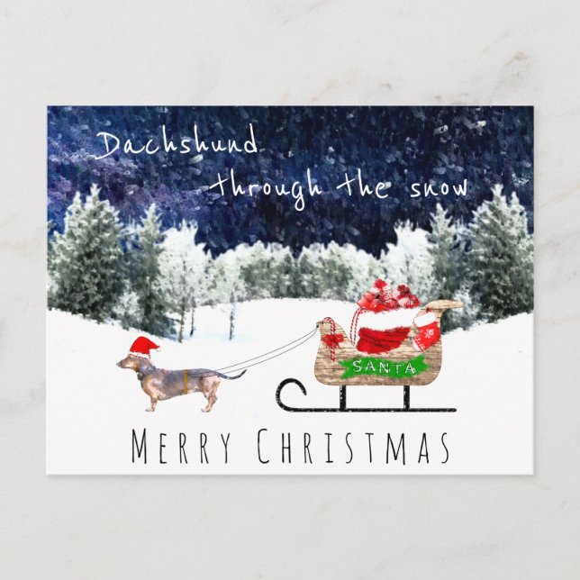 Dachshund genom den söta hund-julklappen i snö vykort (Framsida)