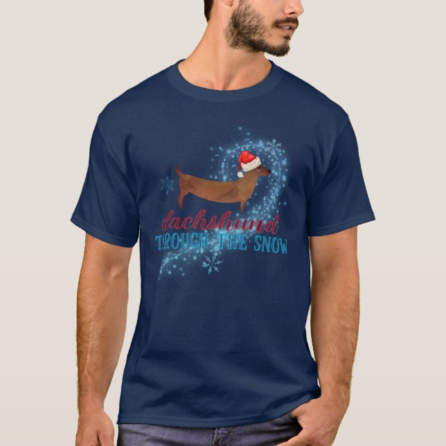 Dachshund genom julen i Snö Santa Hund T Shirt (Framsida)