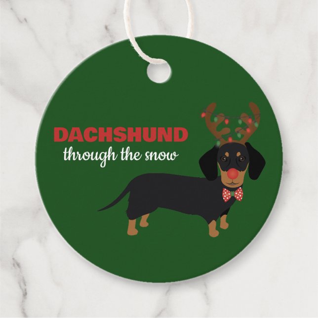 Dachshund genom Snö Cute Doxie Reindeer Hund Gåvor Etiketter (Framsida)