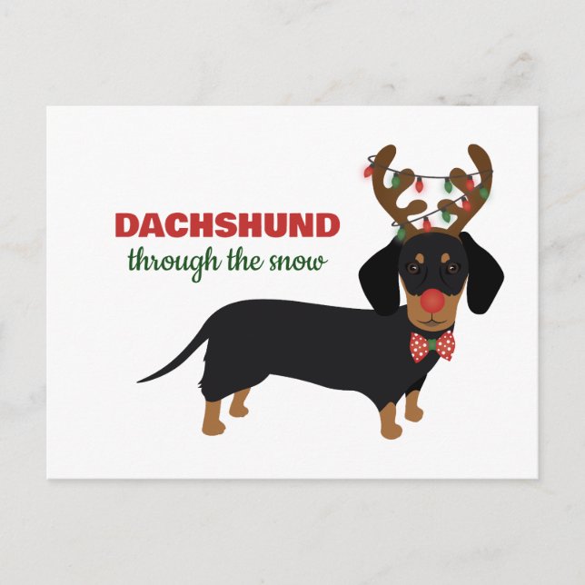 Dachshund genom Snö Cute Doxie Reindeer Hund Helg Vykort (Framsida)