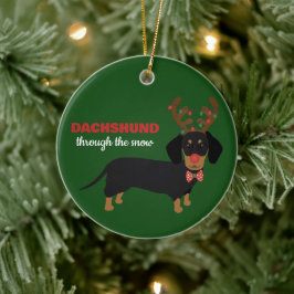 Dachshund genom Snö Cute Doxie Reindeer Hund Julgransprydnad Keramik