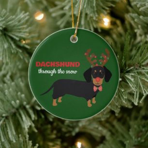 Dachshund genom Snö Cute Doxie Reindeer Hund Julgransprydnad Keramik