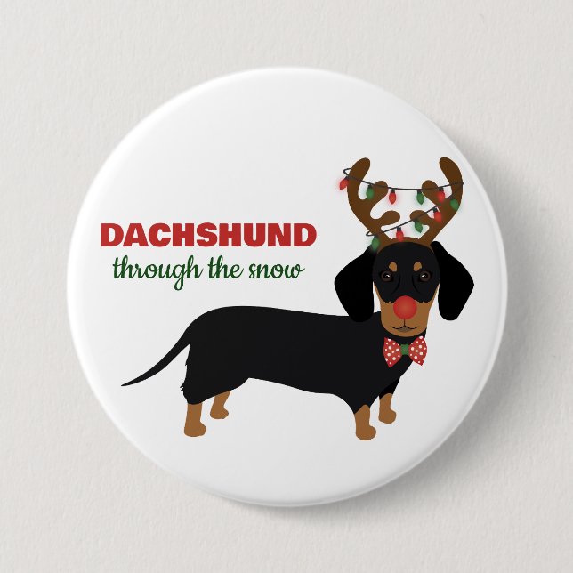 Dachshund genom Snö Cute Doxie Reindeer Hund Knapp (Framsida)
