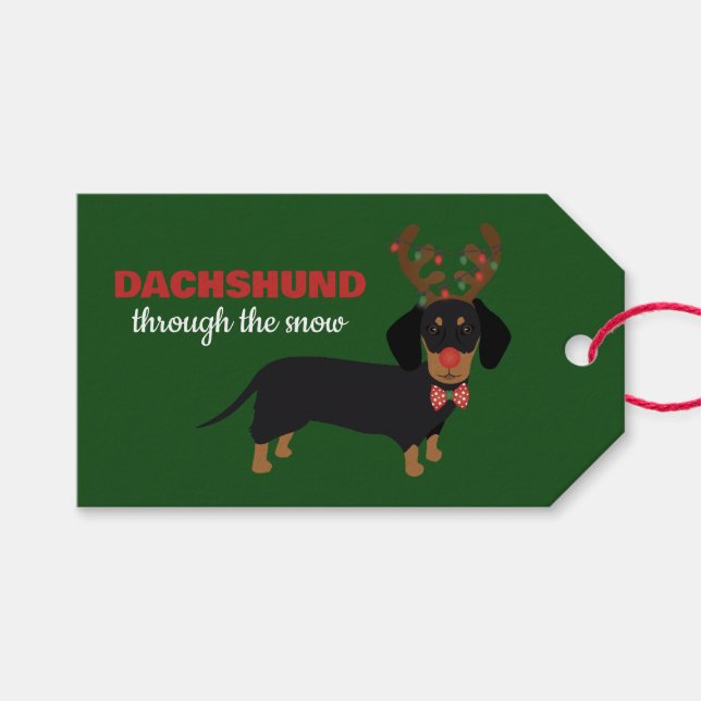 Dachshund genom Snö Cute Doxie Reindeer Hund Presentetikett (Framsidan (Horisontell))