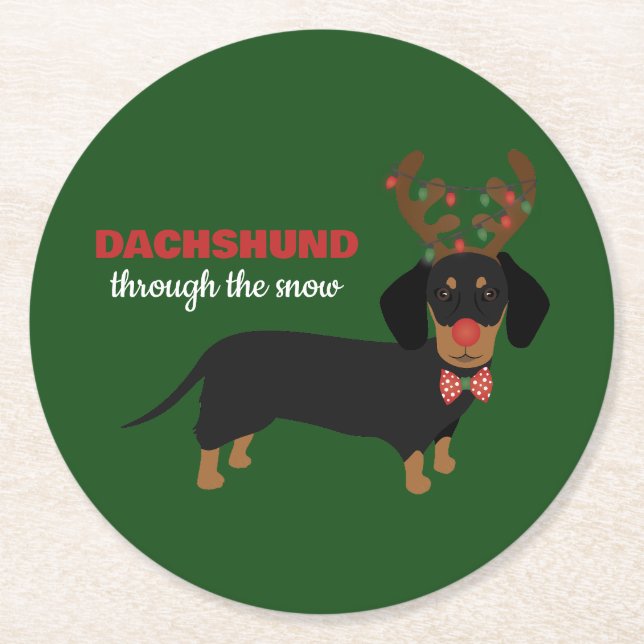Dachshund genom Snö Cute Doxie Reindeer Hund Underlägg Papper Rund (Framsidan)
