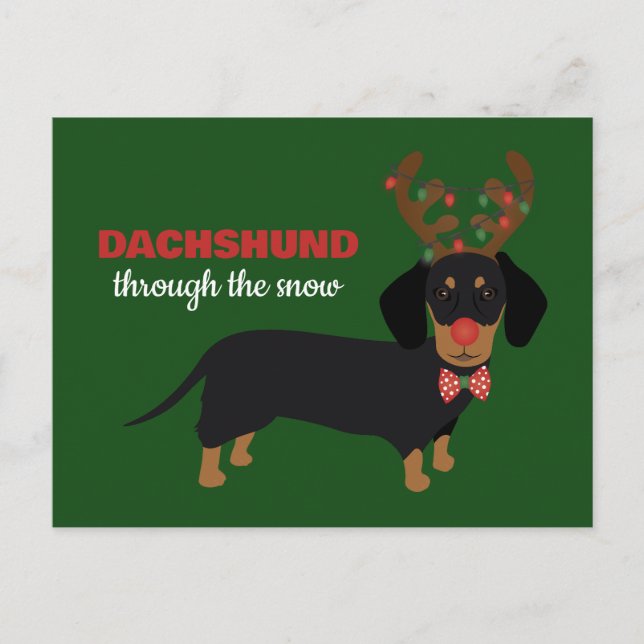 Dachshund genom Snö Cute Doxie Reindeer Hund Vykort (Framsida)