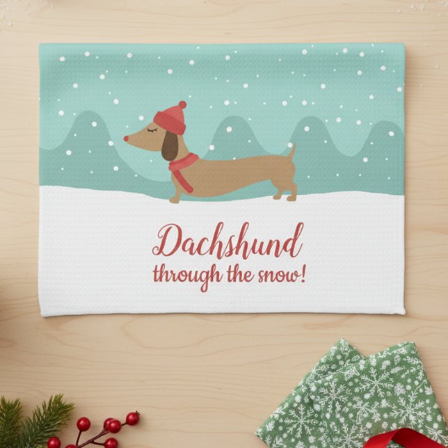 Dachshund genom Snö julhanddumet Kökshandduk (Dachshund through the snow dish towel - great hostess or white elephant gift - useful, inexpensive)