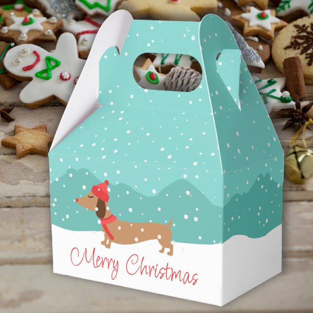 Dachshund genom snö Julklappslåda  Presentaskar (Dachshund Christmas gift boxes and wiener dog holiday treat favor box)