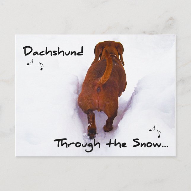 Dachshund genom Snö som går genom Snö Helg Vykort (Framsida)