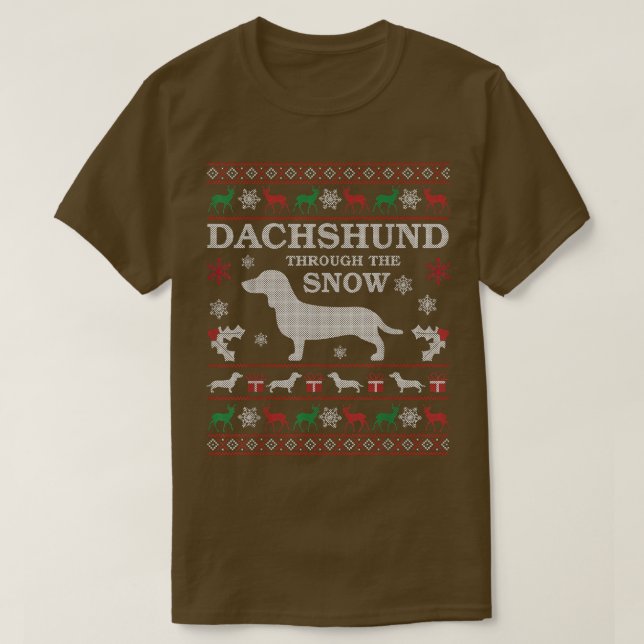 Dachshund genom Snö Ugly-julsötaren T Shirt (Design framsida)