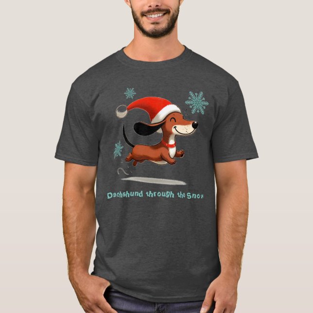 Dachshund genom snö valp hund jul t shirt (Framsida)