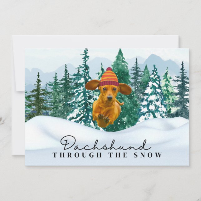 Dachshund genom snön jul kul hund  julkort (Framsida)