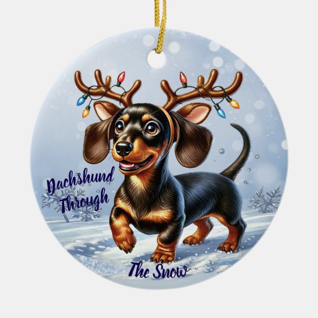 Dachshund genom snön  julgransprydnad keramik (Framsidan)