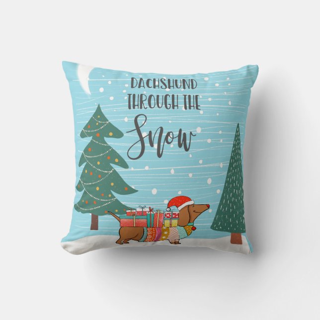 Dachshund Genom Snön rolig hund älskare Kudde (Framsida)