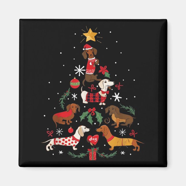 Dachshund Genom Snön Rolig Hund Julgran Magnet (Framsidan)
