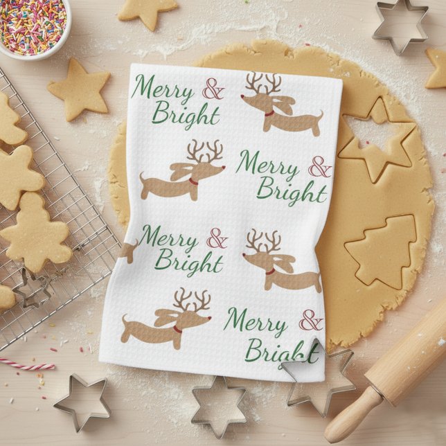 Dachshund God Jul & Bright Dish Towel Kökshandduk (Merry & Bright Dachshund Christmas dish towel featuring little dachshunds with reindeer antlers )