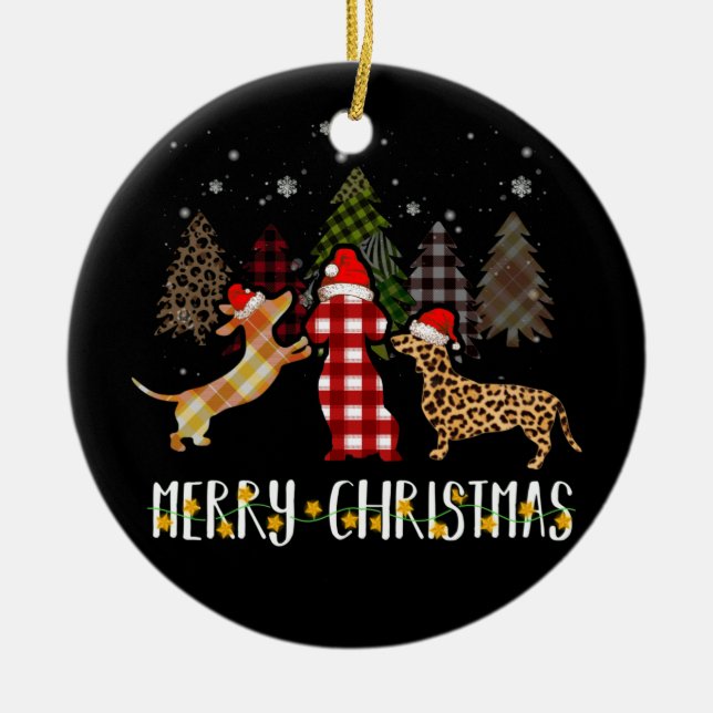 Dachshund God jul Cute Play Leopard Doxie Julgransprydnad Keramik (Framsidan)