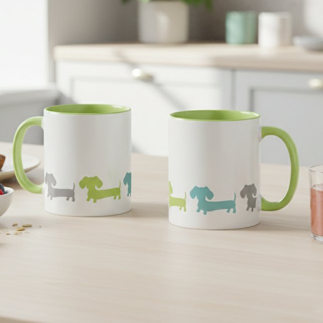 Dachshund Green Blue Coffee Mug Mugg (modern dachshund mug with teal, green and gray wiener dogs)
