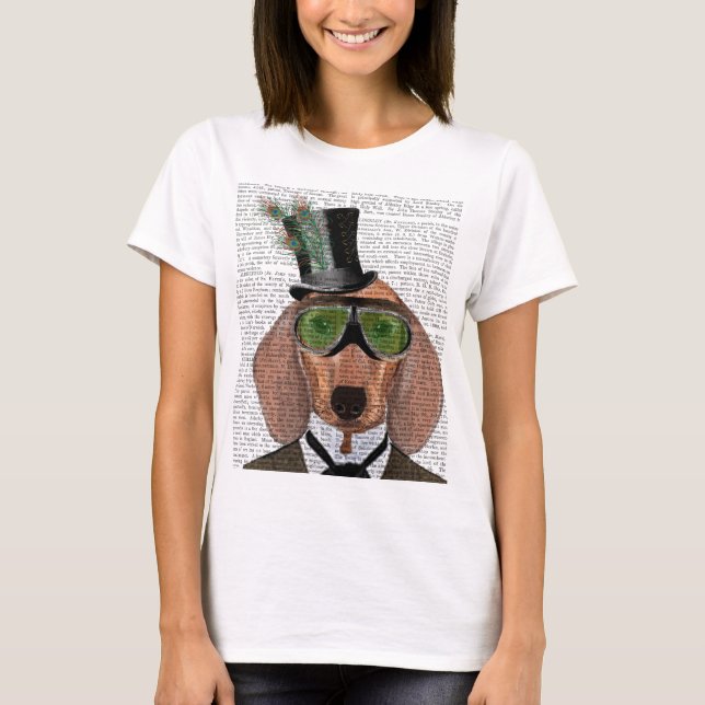 Dachshund Grönt Goggles Top hat T Shirt (Framsida)