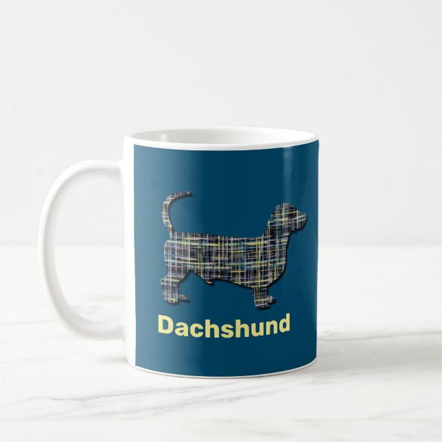 Dachshund Gult & Blue Grid Linjer Blue Coffee Mugg (Vänster)