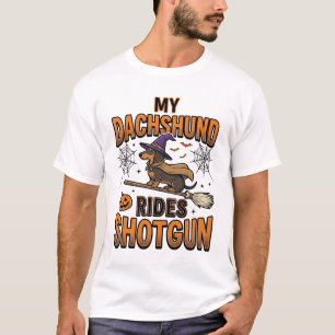 Dachshund Halloween-häxa kvast kör shotgun t-shirt