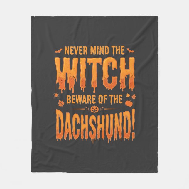 Dachshund Halloween Häxa Varning Typografi Vektor Fleecefilt (Framsidan)