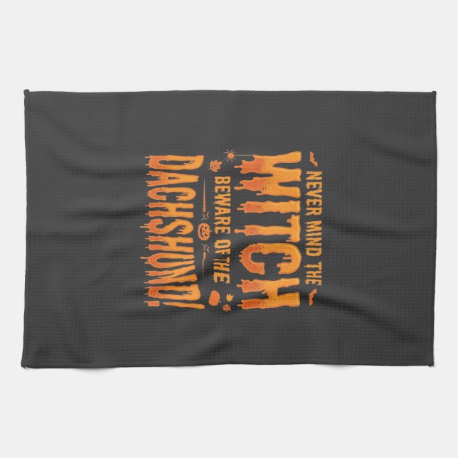 Dachshund Halloween Häxa Varning Typografi Vektor Kökshandduk (Horisontell)