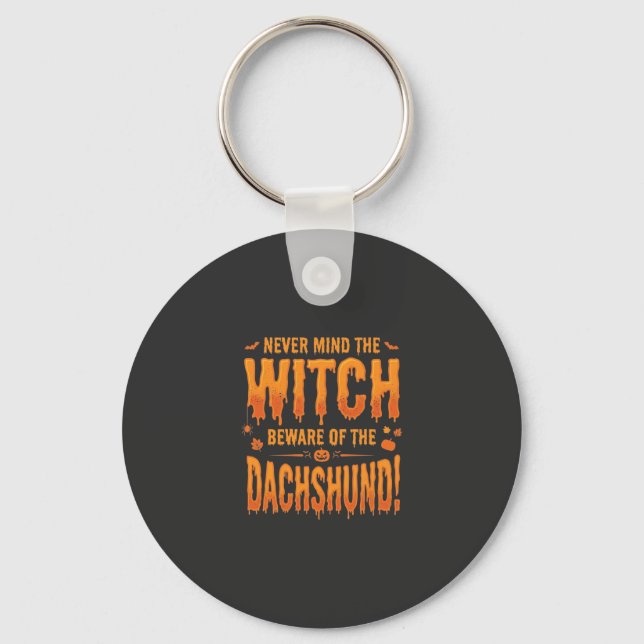 Dachshund Halloween Häxa Varning Typografi Vektor Nyckelring (Framsida)