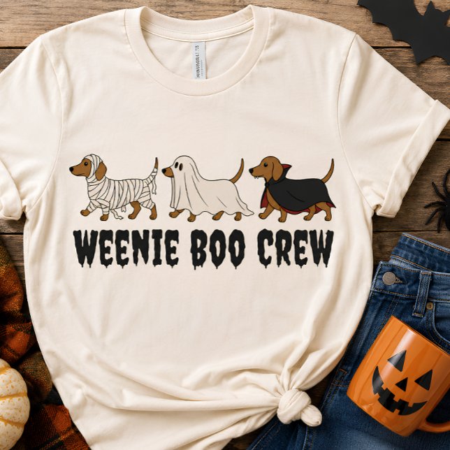 Dachshund Halloween-kostymparad T Shirt (🎃🐾 Calling all dachshund lovers... the WEENIE BOO CREW has arrived! 👻🦇

Three spooky pups. One a)