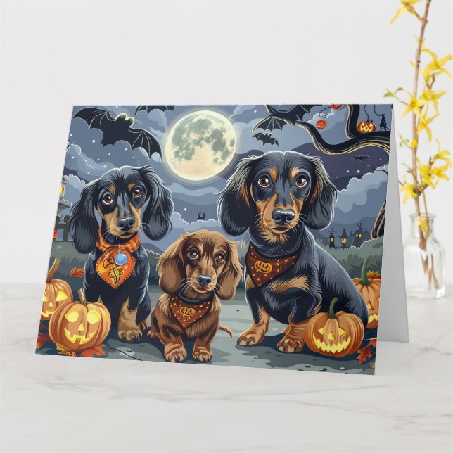 Dachshund Halloween Kuslig  Kort (Gul blomma)