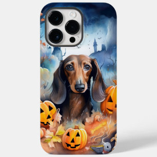 Dachshund Halloween med pumpor Scary