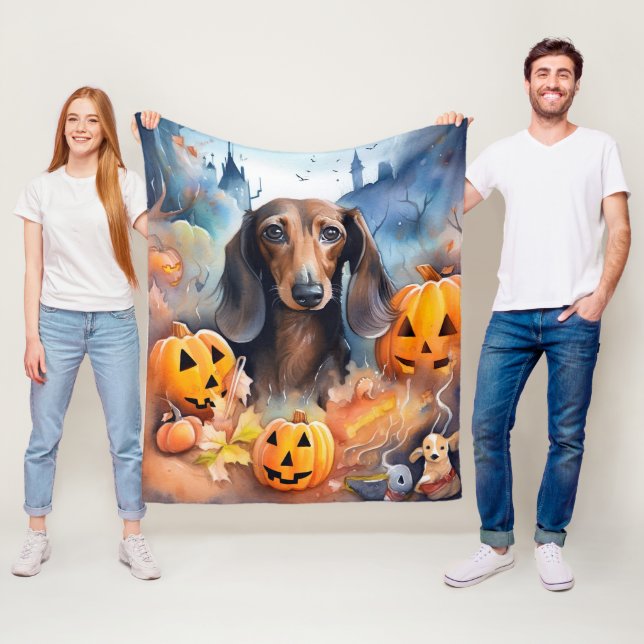 Dachshund Halloween med pumpor Scary Fleecefilt (På plats)