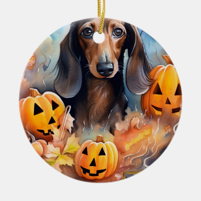Dachshund Halloween med pumpor Scary Julgransprydnad Keramik (Framsidan)