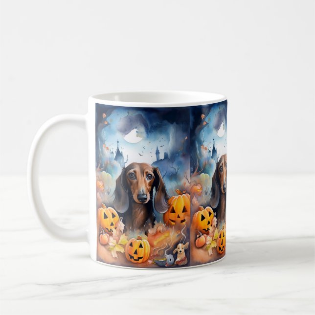 Dachshund Halloween med pumpor Scary Kaffemugg (Vänster)