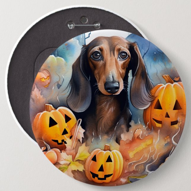 Dachshund Halloween med pumpor Scary Knapp (Framsida & baksida)
