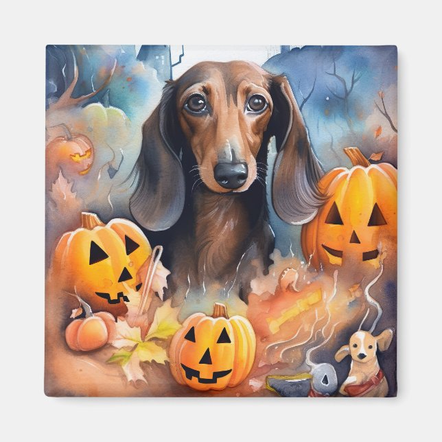 Dachshund Halloween med pumpor Scary Magnet (Framsidan)