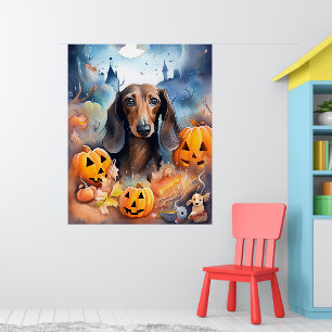 Dachshund Halloween med pumpor Scary Poster