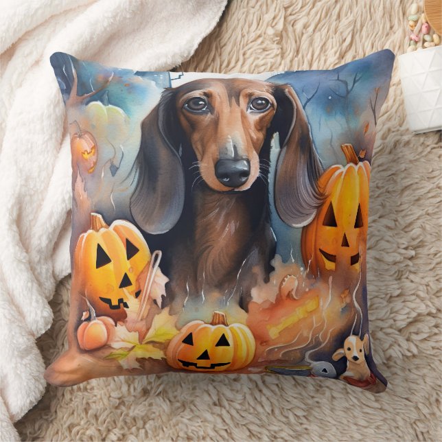 Dachshund Halloween med pumpor Skräckinjagande Kudde (Filt)